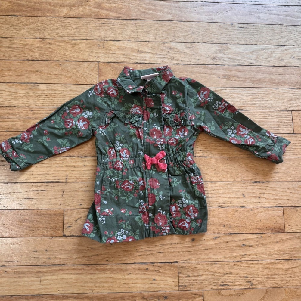 Little Lass Toddler Girls Olive Green Floral Utility Jacket Rose Print 18M